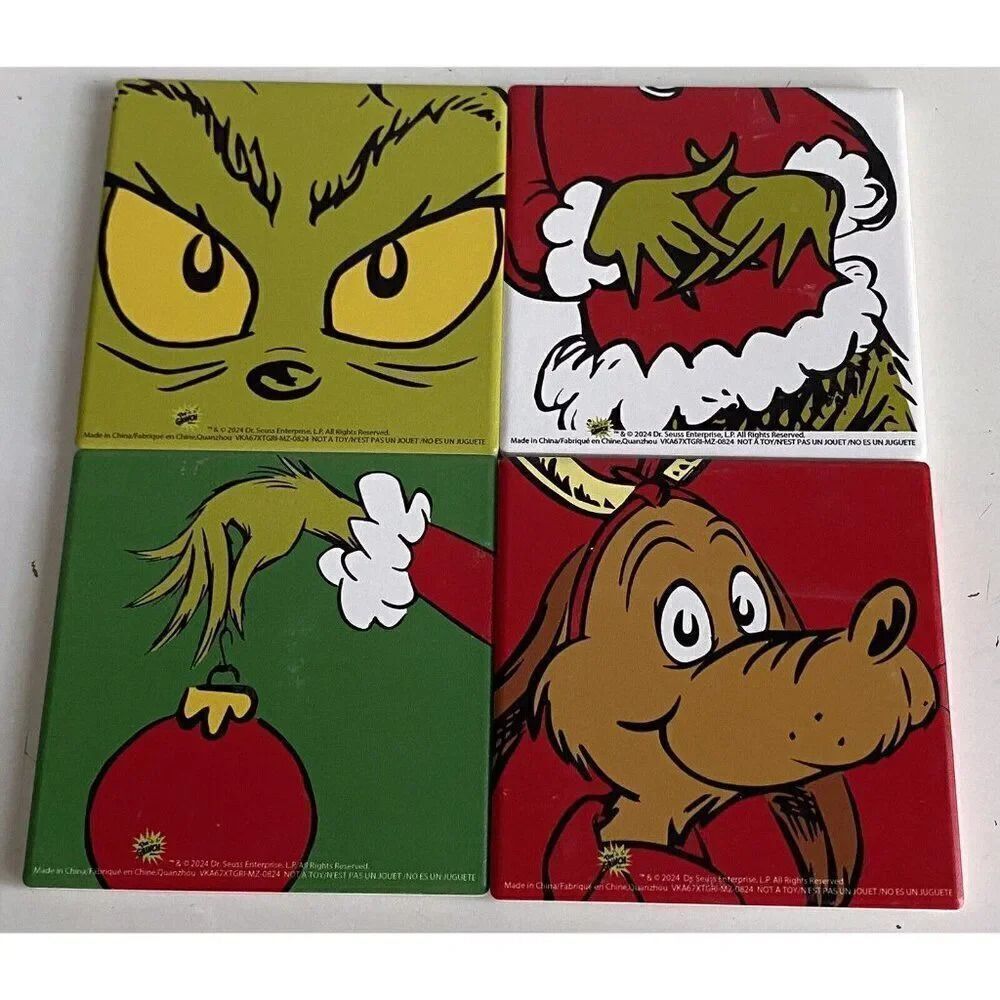 Set Of 4 Dr Seuss THE GRINCH WHO STOLE CHRISTMAS And Max Ceramic Coasters NEW